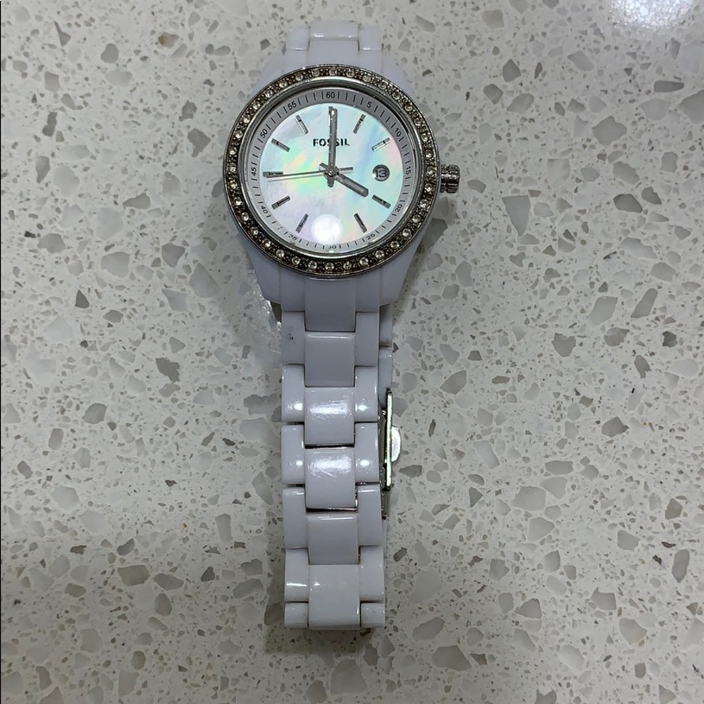 White Acrylic 'Stella' Watch with Stone Set Bezel